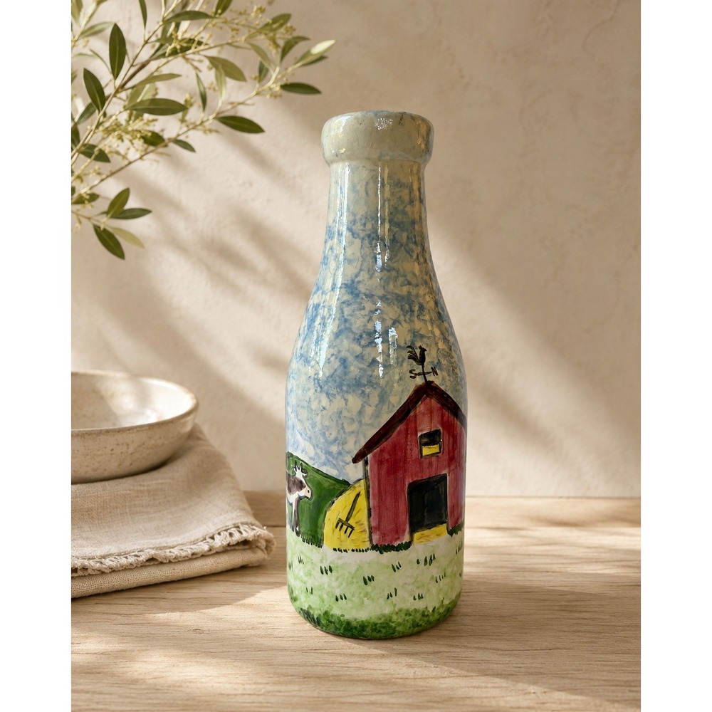 Vintage 80s Hand Painted Ceramic Milk Bottle Vase Cottage Country Barn Folk Art
